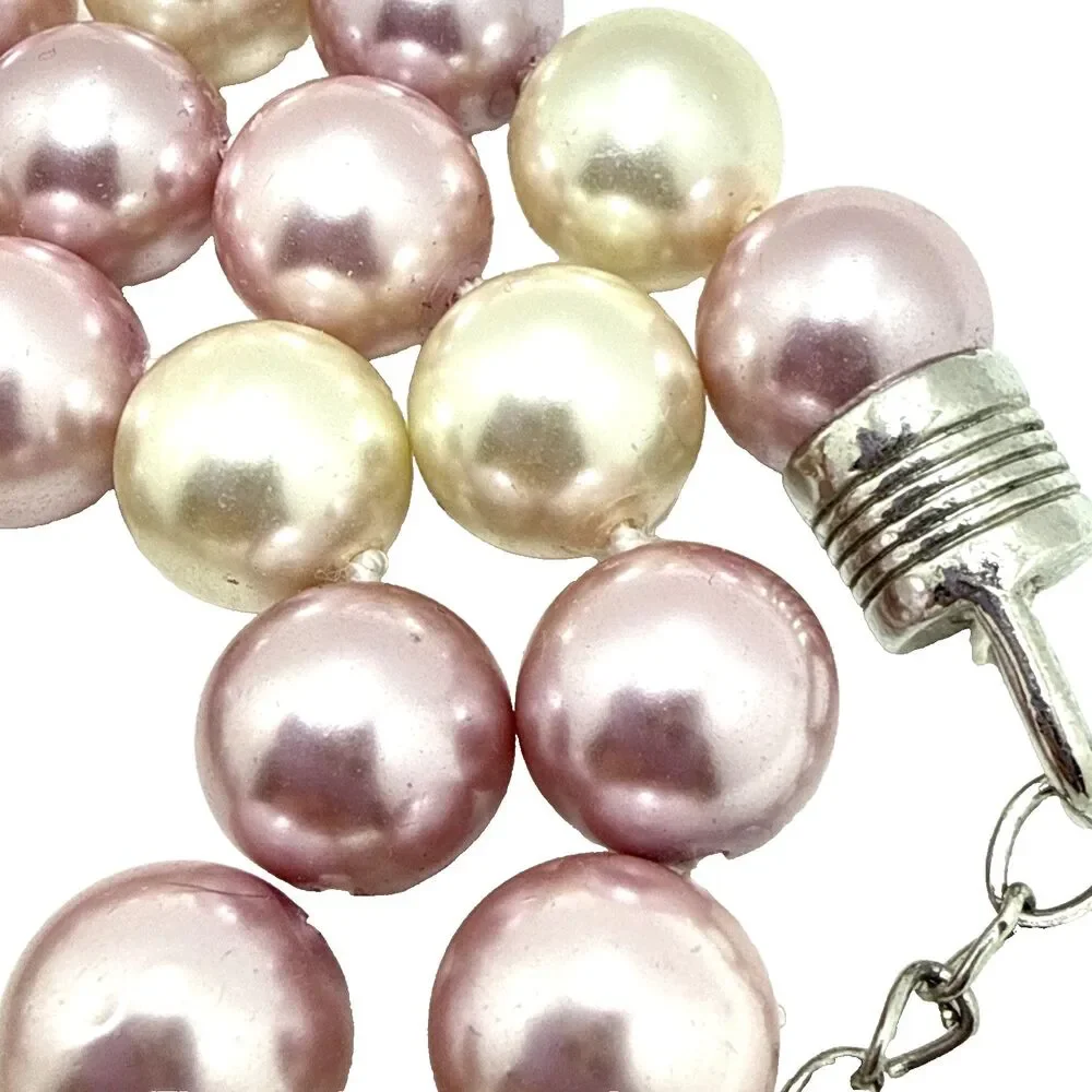 Vintage KISSAKA Faux Pearl Necklace Multicolor Pink Cream Glass Bead Strand 20
